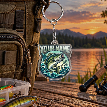 Maxcorners Blue Water Fishing Emblem Personalized Name 2D Acrylic Keychain Ornament (13 Fish Species)