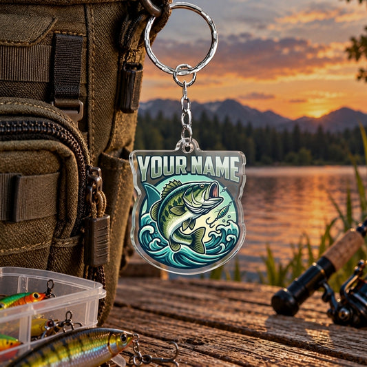 Maxcorners Blue Water Fishing Emblem Personalized Name 2D Acrylic Keychain Ornament (13 Fish Species)