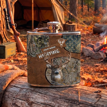 Maxcorners Deer Hunting Rustic Hunting Badge and Whitetail Buck Multiple Options Personalized Name 3D Hip Flask