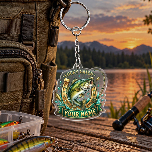 Maxcorners Lucky Catch Vintage Fishing Badge Personalized Name 2D Acrylic Keychain Ornament (8 Fish Species)