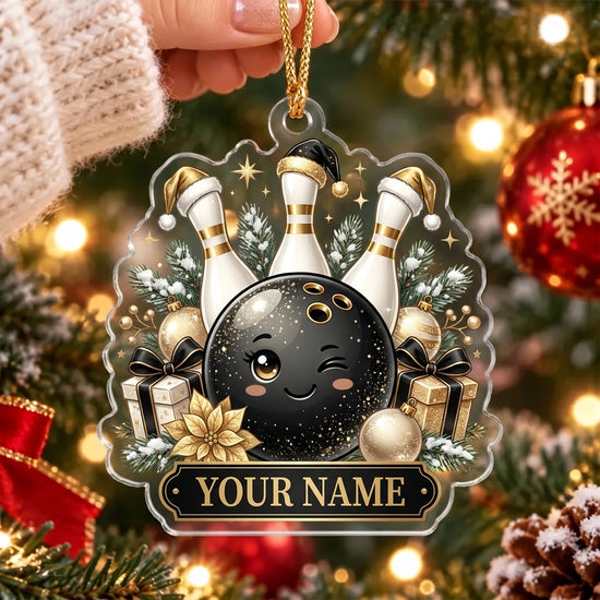 Maxcorners Bowling Black and Gold Bowling Ball Christmas Personalized Name Christmas Ornament