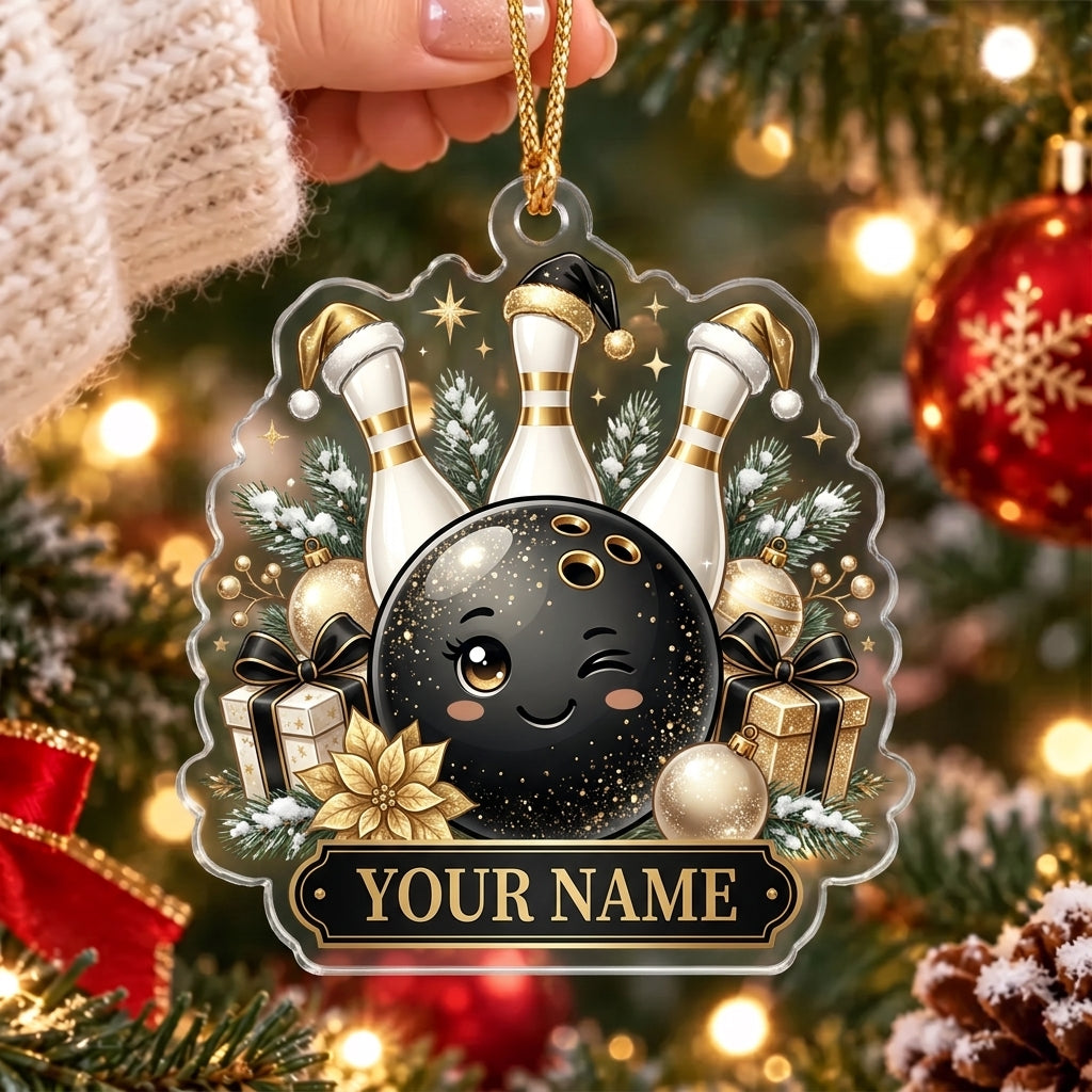 Maxcorners Bowling Black and Gold Bowling Ball Christmas Personalized Name Christmas Ornament