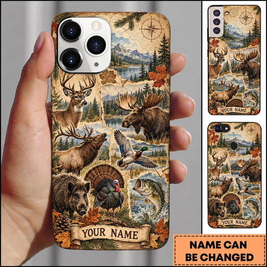Maxcorners Wildlife Outdoor Hunting Deer Turkey Bear Mountain Collage Personalized Name 3D Phone Case