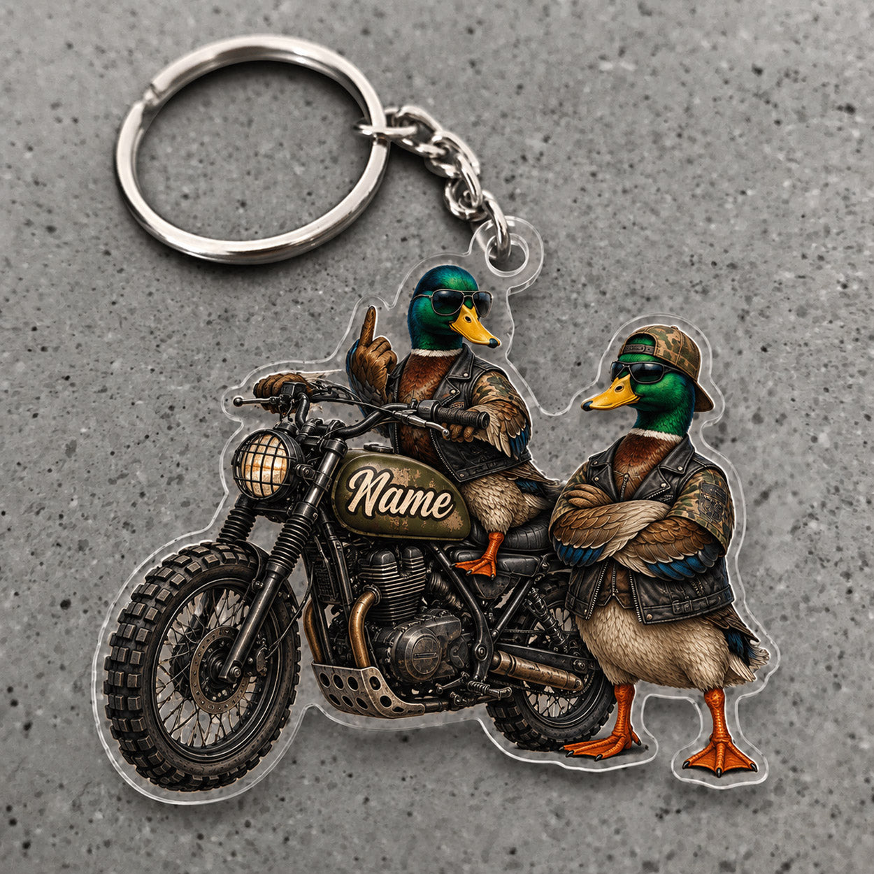 Maxcorners Mallard Duck Hunting Biker Duo Motorcycle Custom Name Trap Hunting Custom Gift 2D Flat Acrylic Ornament, Keychain