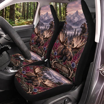 Maxcorners Moose Hunting Purple Mountain Forest Personalized Name Car Seat Covers