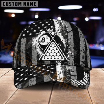 Maxcorners Billiards 8 Ball Checkered Flag Black White Multiple Options Personalized Name 3D Cap