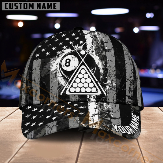 Maxcorners Billiards 8 Ball Checkered Flag Black White Multiple Options Personalized Name 3D Cap