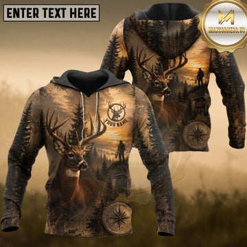 Maxcorners Deer Hunting Sunset Forest Whitetail Buck Compass Multiple Options Personalized Name 3D Hoodie