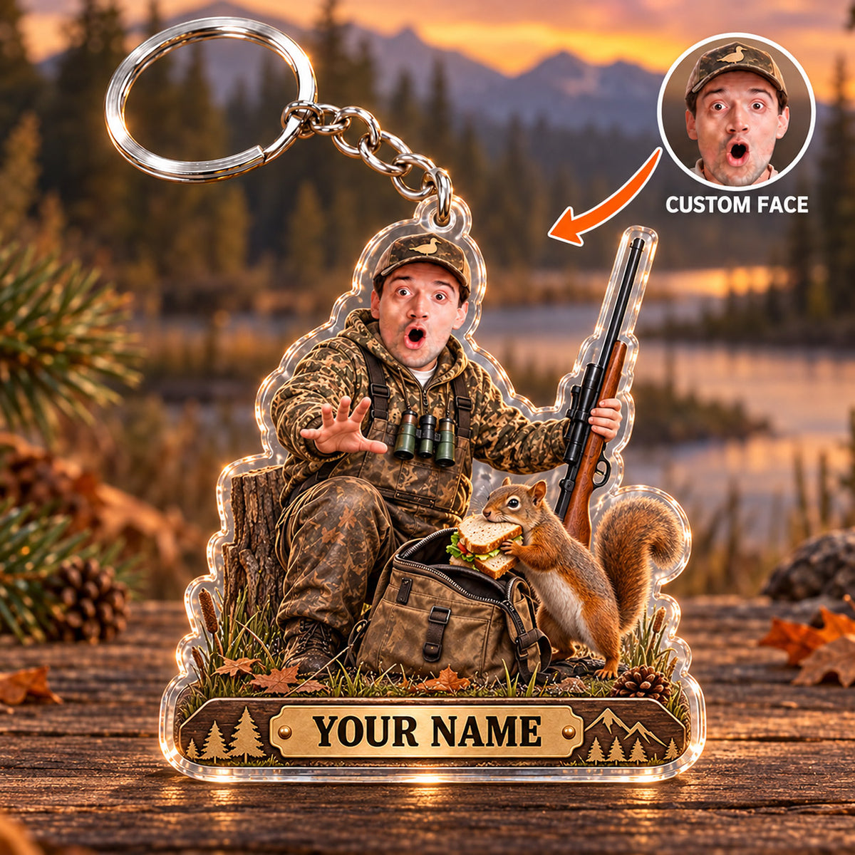 Maxcorners Funny Hunting Hunter Camp Chair Squirrel Buddy Custom Name & Face Custom Gift 2D Flat Acrylic Ornament, Keychain