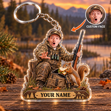 Maxcorners Funny Hunting Hunter Camp Chair Squirrel Buddy Custom Name & Face Custom Gift 2D Flat Acrylic Ornament, Keychain