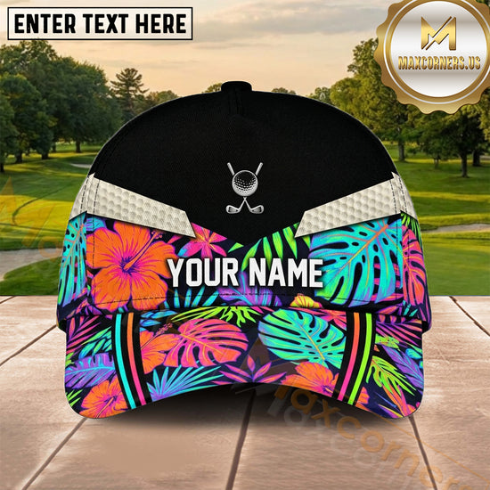 Maxcorners Golf Tropical Neon Floral Black Personalized Name 3D Cap