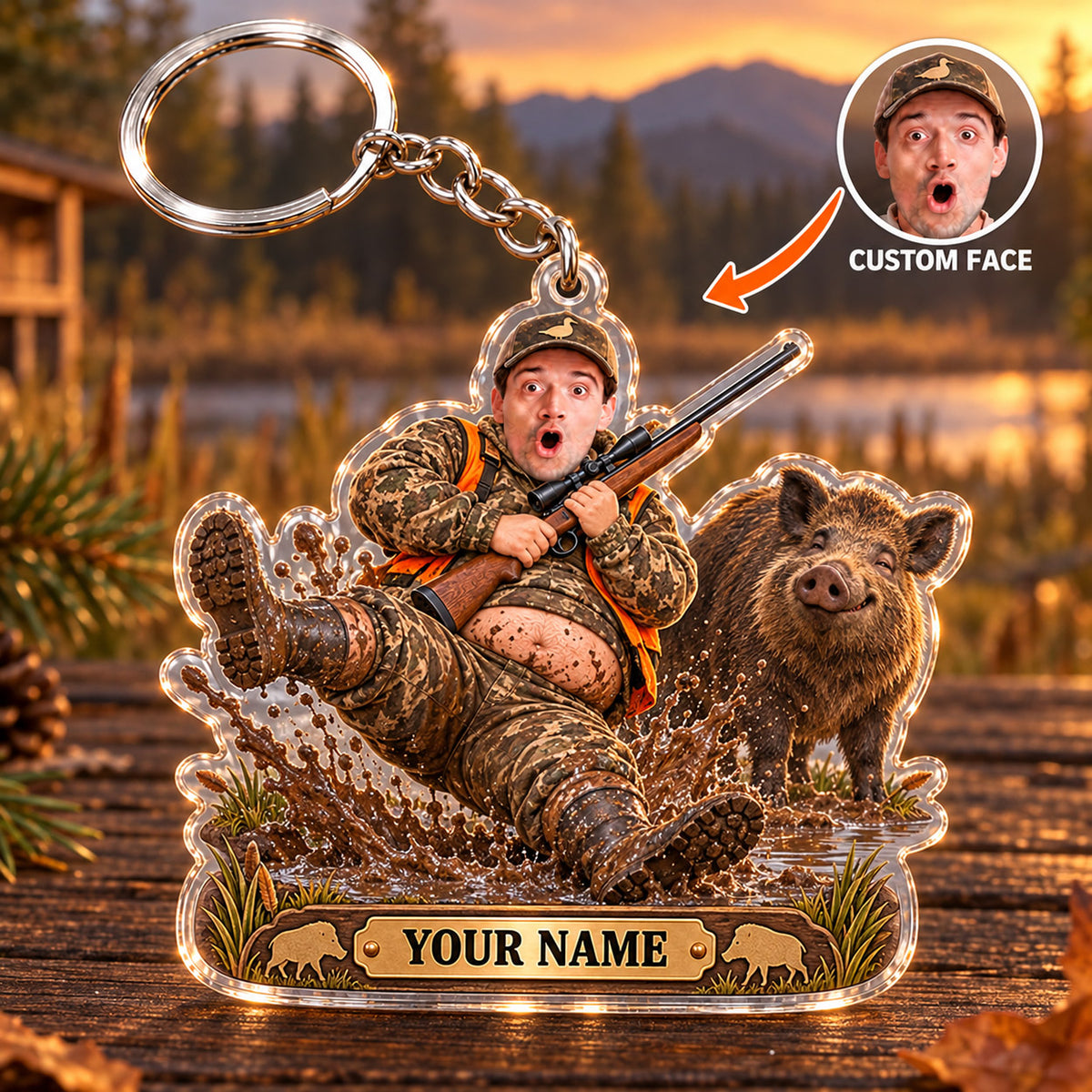Maxcorners Bear Hunting Funny Reclining Hunter Bear Buddy Custom Name & Face Custom Gift 2D Flat Acrylic Ornament, Keychain