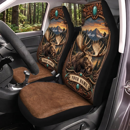 Maxcorners Moose Hunting Brown Leather Vintage Emblem Personalized Name Car Seat Covers