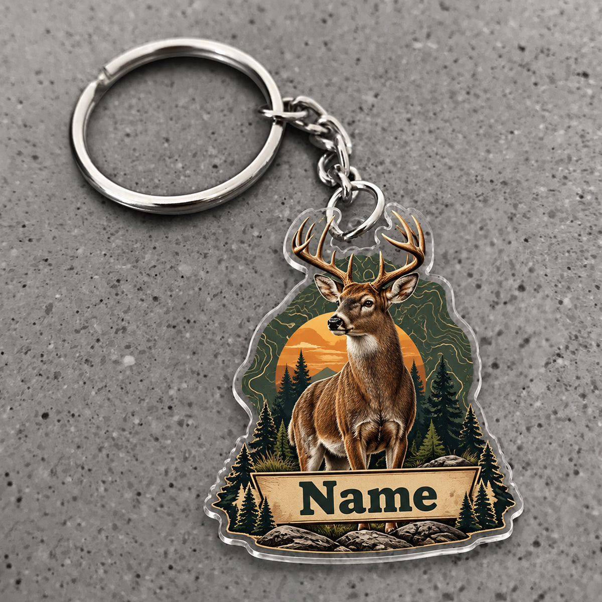 Maxcorners Whitetail Deer Hunting Sunset Pine Forest Badge Custom Name Trap Hunting Custom Gift 2D Flat Acrylic Ornament, Keychain
