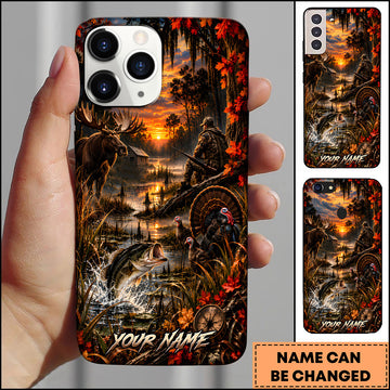 Maxcorners Hunting Wildlife Moose Bass Fish Turkey Autumn Forest Sunset Multiple Options Personalized Name Phone Case