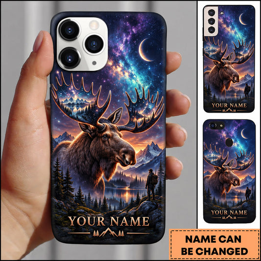 Maxcorners Moose Hunting Galaxy Night Aurora Wilderness Personalized Name 3D Phone Case