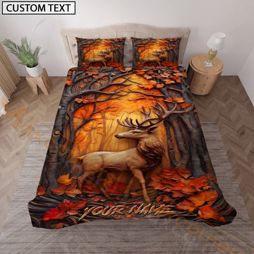 Maxcorners Personalized Elk Hunting Bedding Set, Custom Name Autumn Forest Sunset Elk Bedding, Rustic Hunting Gift for Hunter