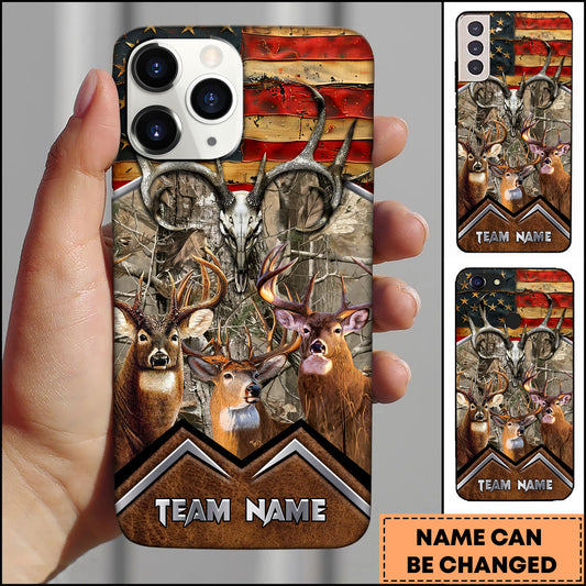 Maxcorners Personalized Deer Hunting Phone Case with Rustic American Flag, Antler Skull, Forest Camo and Custom Team Name (8 Colors)