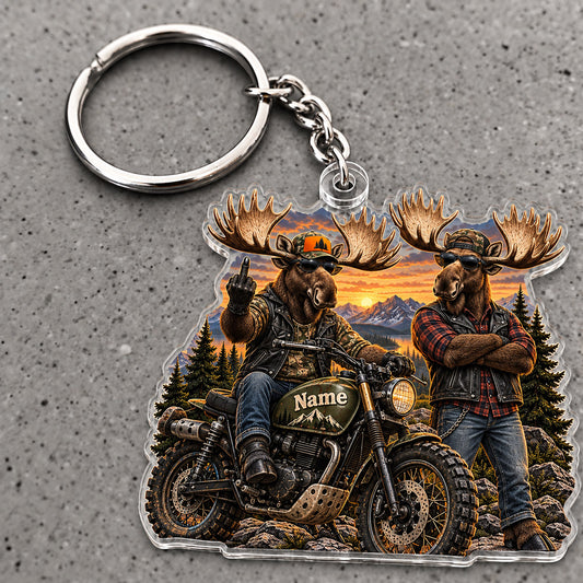 Maxcorners Moose Hunting Biker Duo Motorcycle Adventure Custom Name Trap Hunting Custom Gift 2D Flat Acrylic Ornament, Keychain