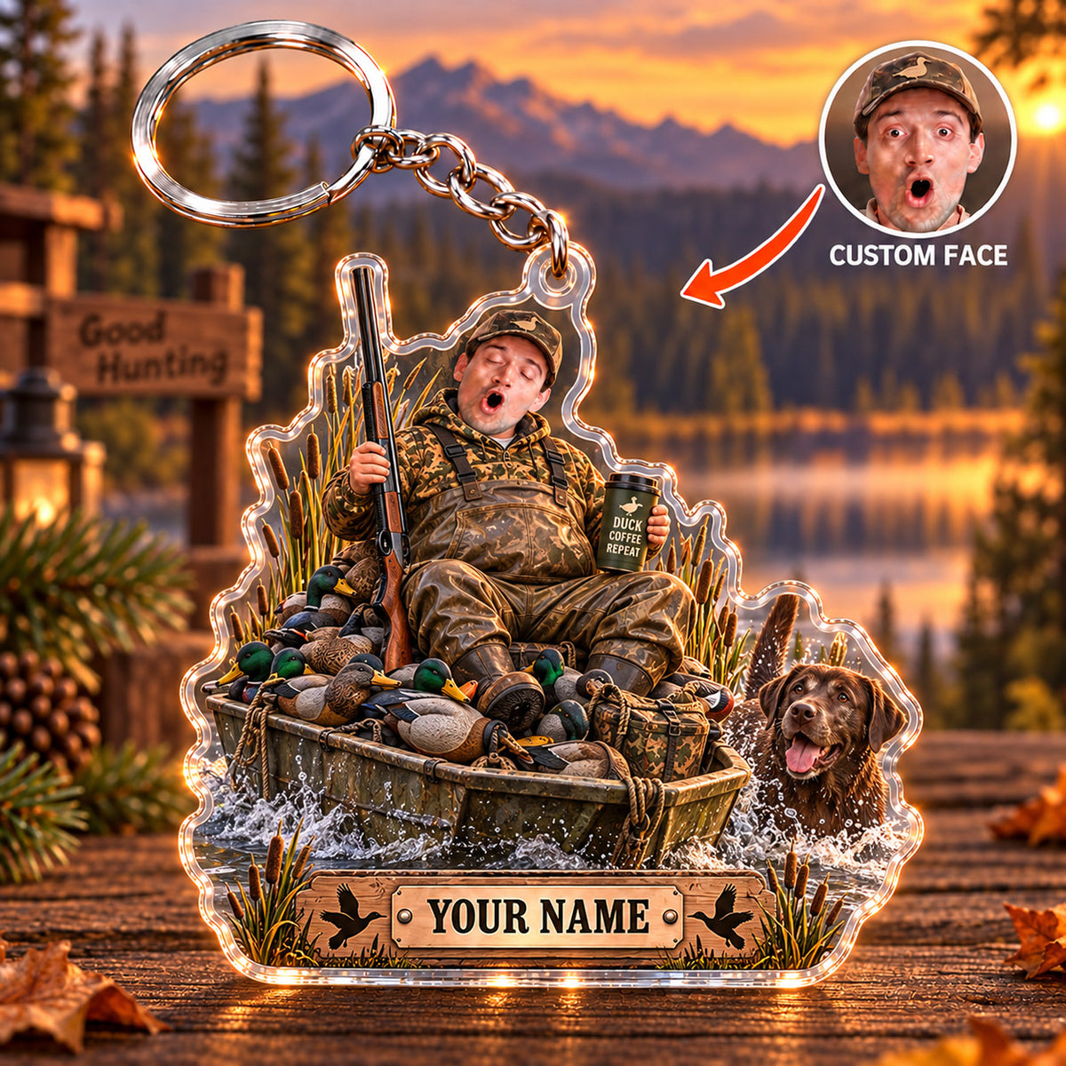 Maxcorners Hunting Dog Funny Tired Hunter Outdoor Adventure Custom Name & Face Custom Gift 2D Flat Acrylic Ornament, Keychain