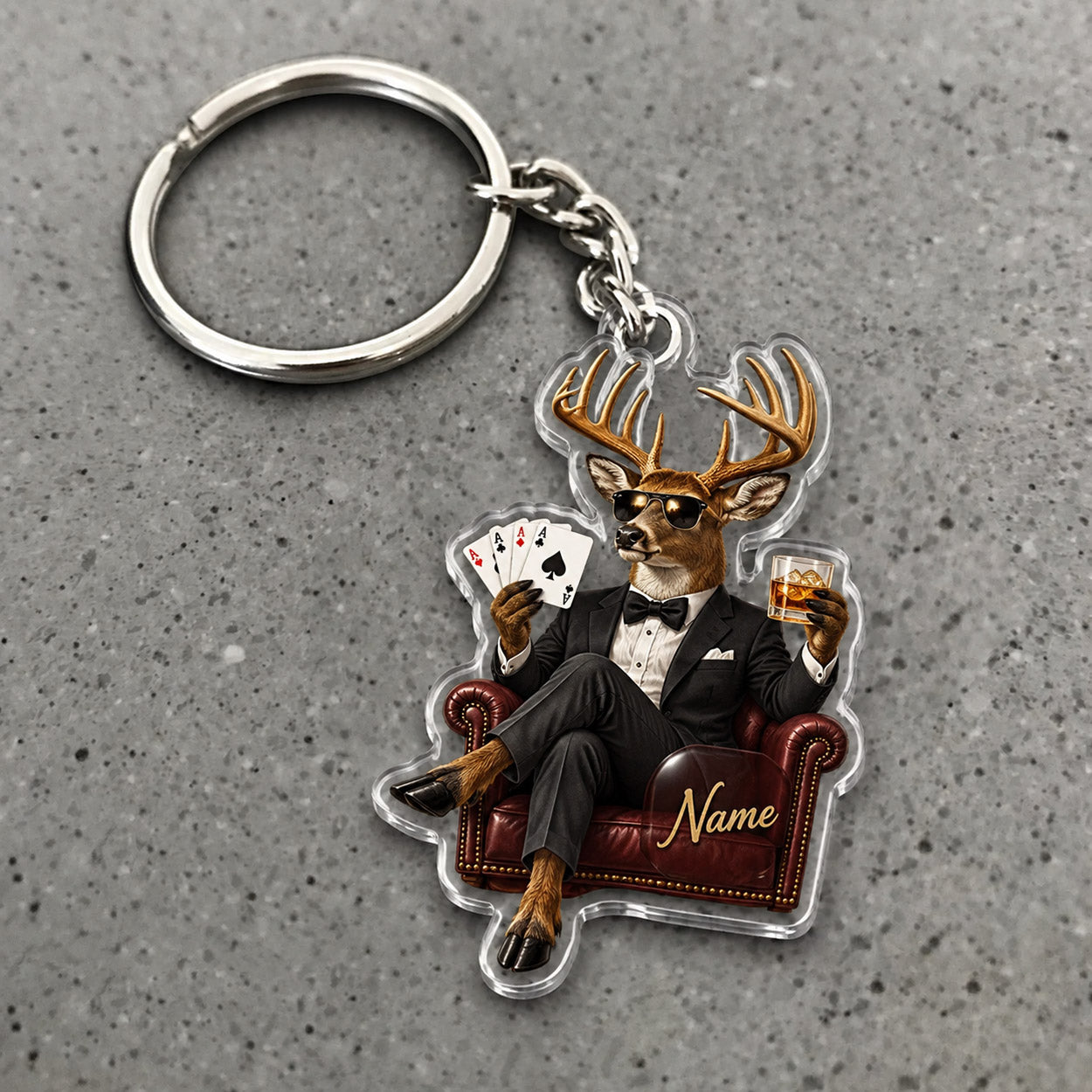 Maxcorners Deer Gentleman Poker Whiskey Character Custom Name Trap Hunting Custom Gift 2D Flat Acrylic Ornament, Keychain
