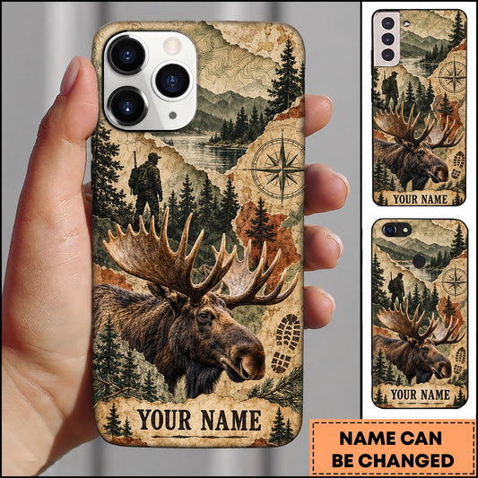 Maxcorners Moose Hunting Mountain Map Vintage Adventure Personalized Name 3D Phone Case