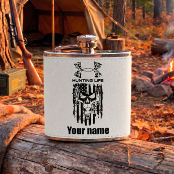 Maxcorners Hunting Life Skull and Antler Illustration Multiple Options Personalized Name 3D Hip Flask