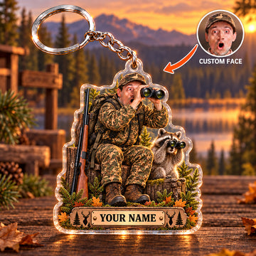 Maxcorners Funny Hunting Binocular Hunter Raccoon Companion Custom Name & Face Custom Gift 2D Flat Acrylic Ornament, Keychain
