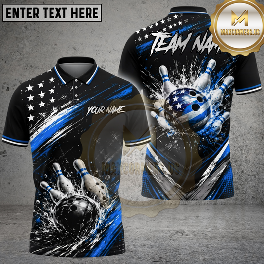 Maxcorners Bowling American Flag Strike Splash Multiple Options Personalized Name, Team Name 3D Shirt