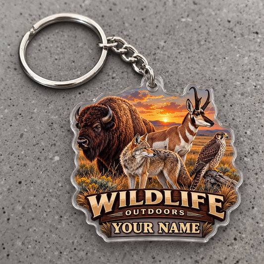 Maxcorners Wildlife Outdoors Bison Deer Mountain Scene Custom Name Trap Hunting Custom Gift 2D Flat Acrylic Ornament, Keychain