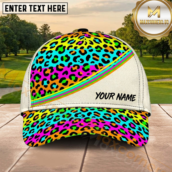 Maxcorners Golf Rainbow Leopard Print Neon Personalized Name 3D Cap