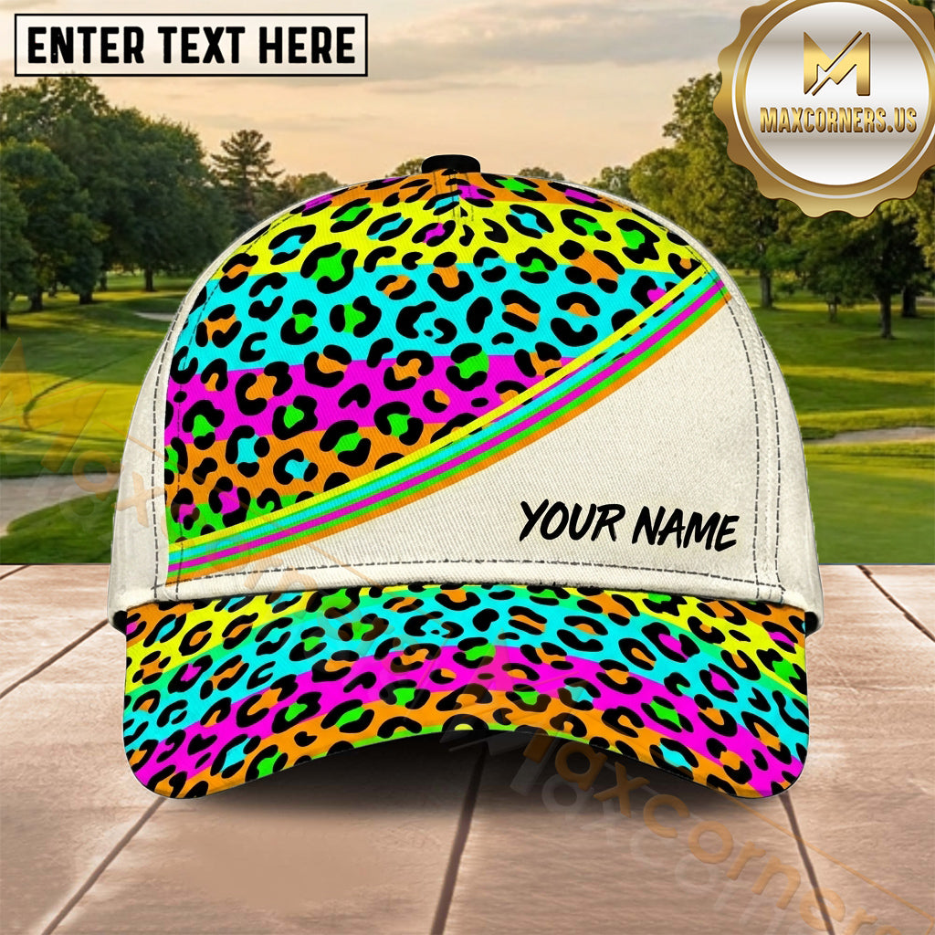 Maxcorners Golf Rainbow Leopard Print Neon Personalized Name 3D Cap