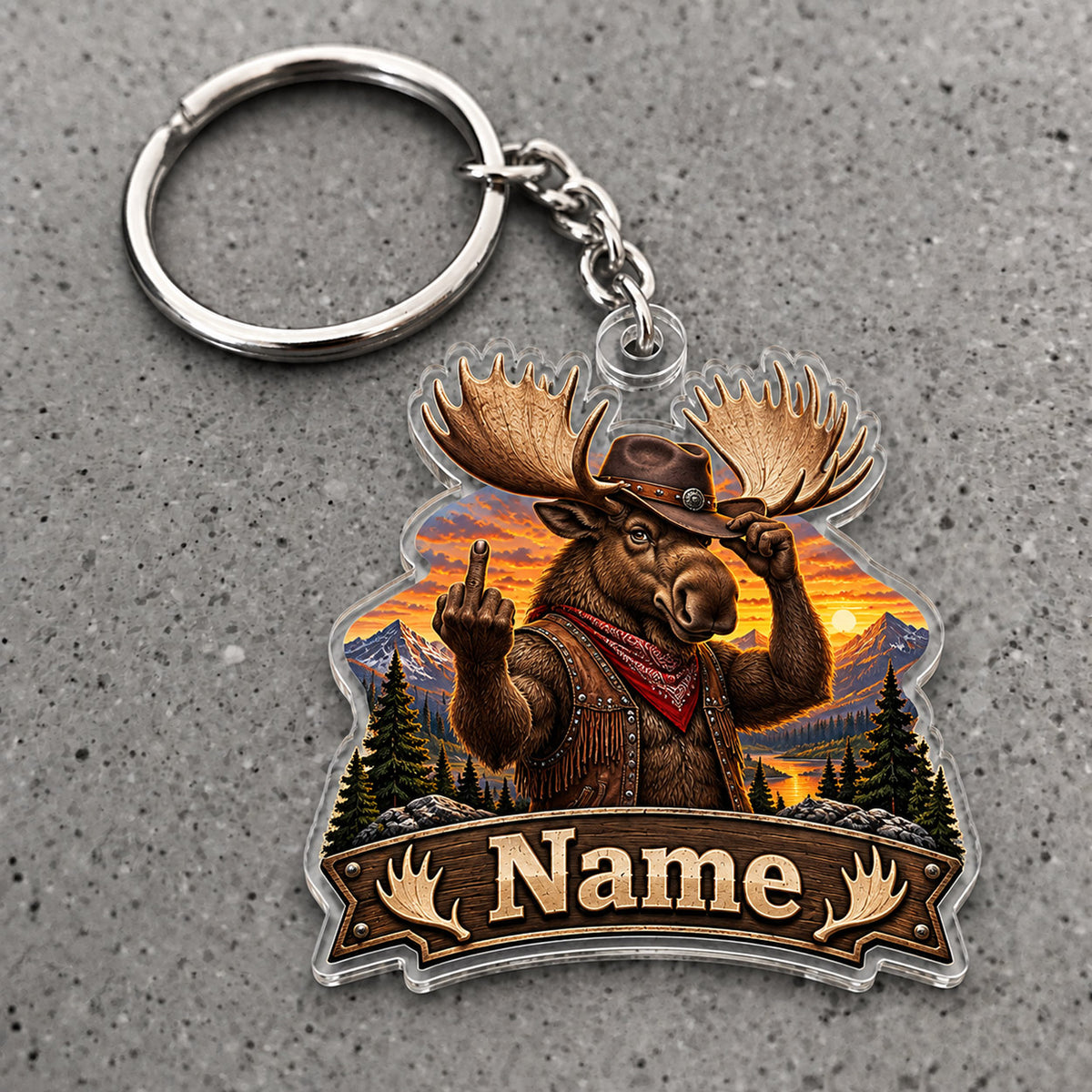 Maxcorners Moose Hunting Portrait Mountain Sunset Custom Name Trap Hunting Custom Gift 2D Flat Acrylic Ornament, Keychain