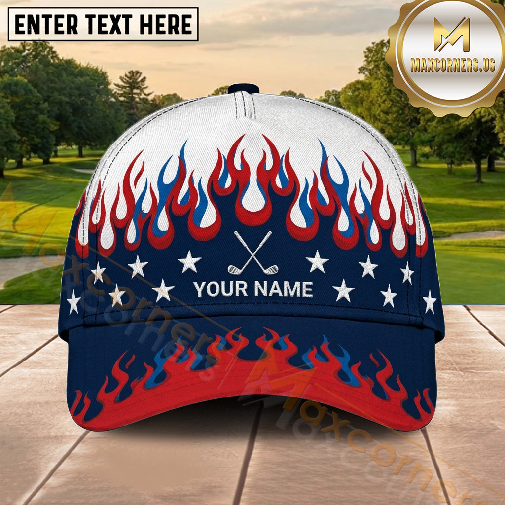Maxcorners Golf Patriotic American Flag Red Flames Personalized Name 3D Cap