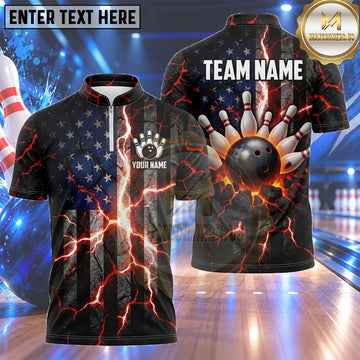 Maxcorners USA Flag Bowling Jersey Cracked Lightning Energy Multiple Options Personalized Name, Team Name 3D Shirt
