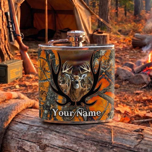 Maxcorners Deer Hunting Majestic Buck and Vintage Antler Frame Multiple Options Personalized Name 3D Hip Flask