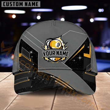 Maxcorners Billiards 9 Ball Gray Gold Modern Geometric Multiple Options Personalized Name 3D Cap
