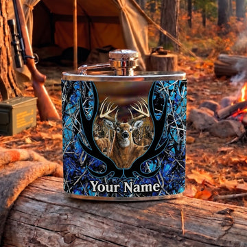 Maxcorners Deer Hunting Ornate Antler Frame and Majestic Buck Multiple Options Personalized Name 3D Hip Flask