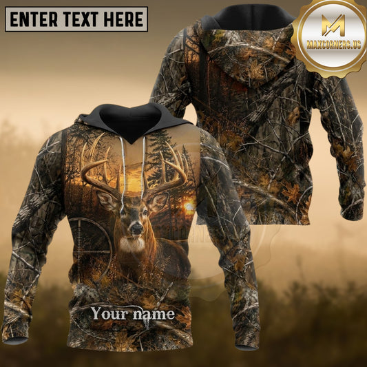 Maxcorners Deer Hunting Realistic Camo Whitetail Buck Crosshair Multiple Options Personalized Name 3D Hoodie