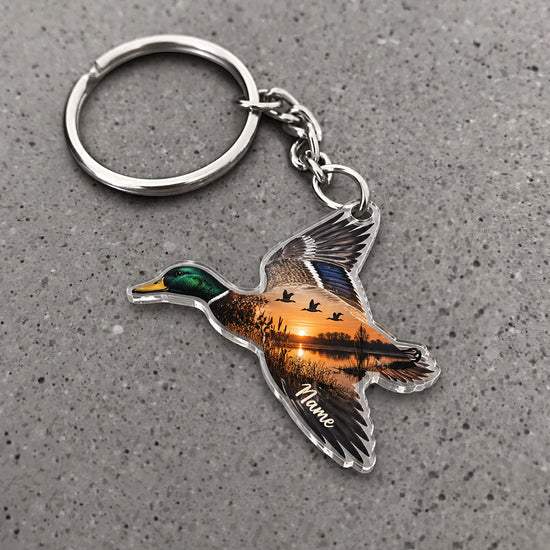 Maxcorners Flying Mallard Sunset Silhouette Design Custom Name Trap Hunting Custom Gift 2D Flat Acrylic Ornament, Keychain