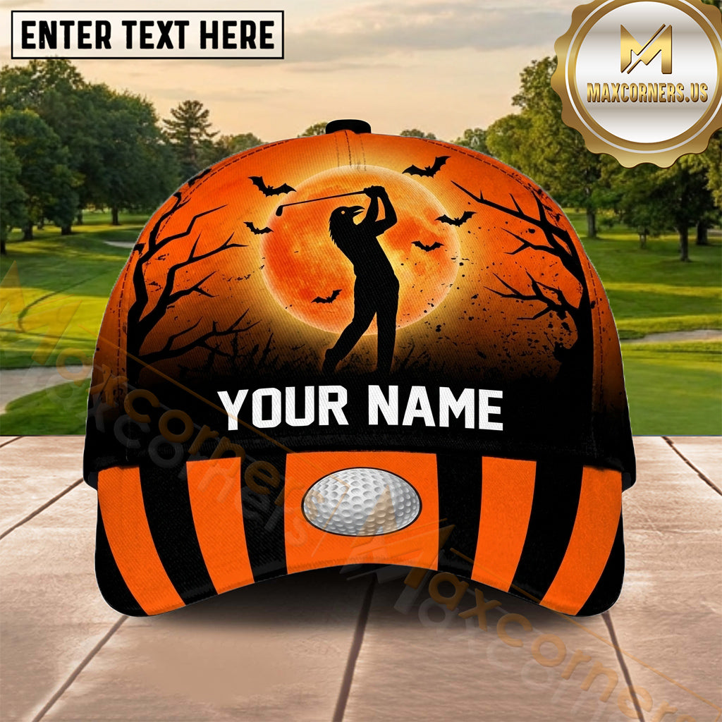Maxcorners Golf Halloween Golfer Orange Sunset Personalized Name 3D Cap