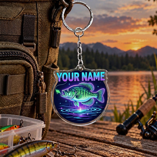 Maxcorners Neon Purple Night Fishing Artwork Personalized Name 2D Acrylic Keychain Ornament (8 Fish Species)