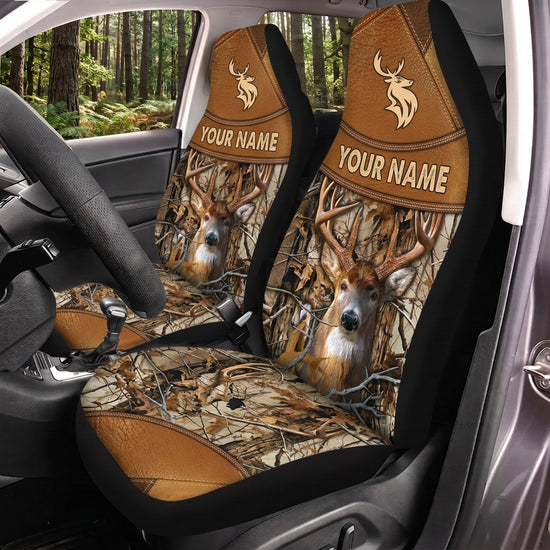 Maxcorners Deer Hunting Brown Leather Antler Buck Personalized Name Car Seat Covers