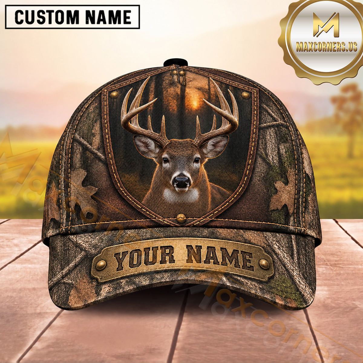 Maxcorners Deer Hunting Whitetail Buck Rustic Antler Badge Design  Personalized Name 3D Cap