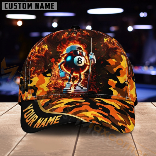 Maxcorners Billiards 8 Ball Fiery Skull Orange Camo Multiple Options Personalized Name 3D Cap