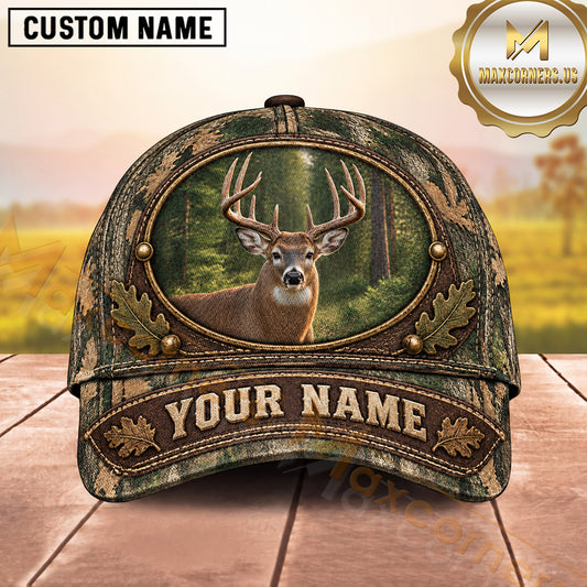 Maxcorners Deer Hunting Whitetail Buck Vintage Antler Emblem Design  Personalized Name 3D Cap