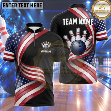 Maxcorners American Flag Bowling Jersey Flowing Stars and Stripes Multiple Options Personalized Name, Team Name 3D Shirt
