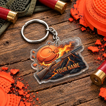 Maxcorners Flaming Orange Clay Shotgun Trap Shooting Personalized Name Acrylic Keychain