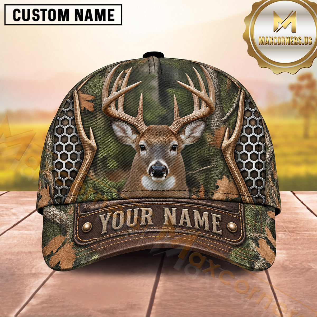 Maxcorners Deer Hunting Whitetail Buck Honeycomb Camo Design  Personalized Name 3D Cap