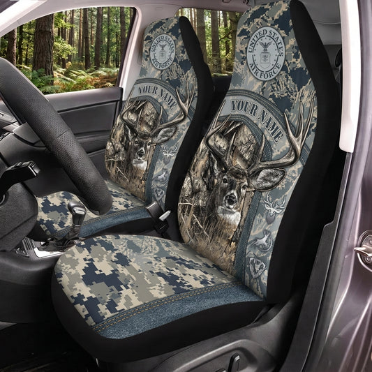Maxcorners Deer Hunting Blue Gray Vintage Emblem Camo Personalized Name Car Seat Covers